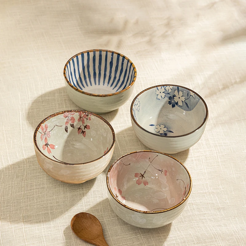 Janpanese Style Ceramic Bowl Sakura Pattern Underglaze Rice Bowls 500ML Home Kitchen Yogurt Bowls Household Stackable Tablewares