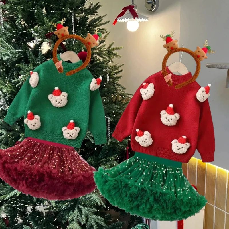 

Xmas Children Dress Green Sweater Red Tutu Skirt Cartoon Bear Pattern Cosplay Round-neck Fluffy Top for Girls Christmas Party