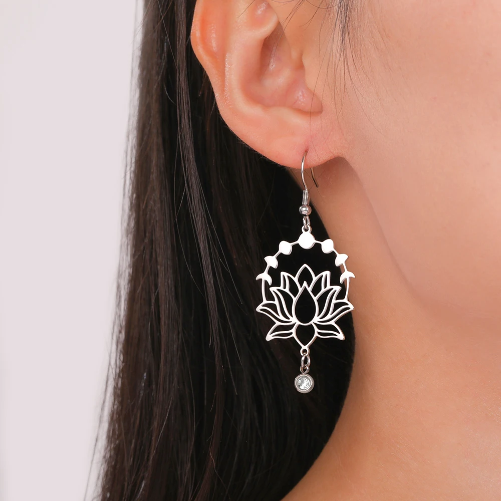 Dawapara Mondphase Lotusblume baumelnde Ohrringe Bohemian klar Zirkon Lotus Yoga spiritueller Schmuck Edelstahl Ohrringe – Detail 5