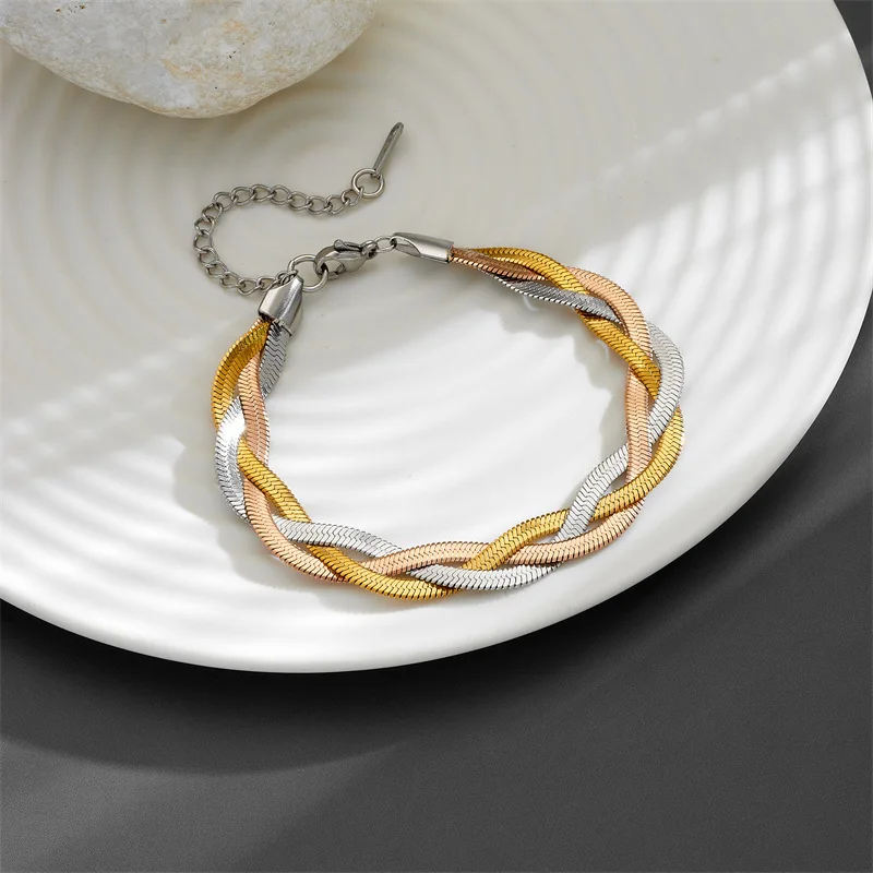 

Tri Layer Titanium Steel Necklace/Bracelet Snake Bone Chain 18K Gold Plated Waterproof Hypoallergenic Jewelry for Women Girls