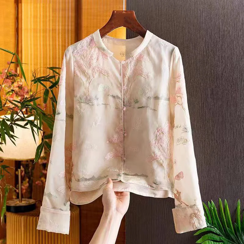 Superior Quality New Chinese Style V-Neck Shirt Women's Loose 2024 Summer Casual Long Sleeved Silk Organza Embroidery Top S-XXL