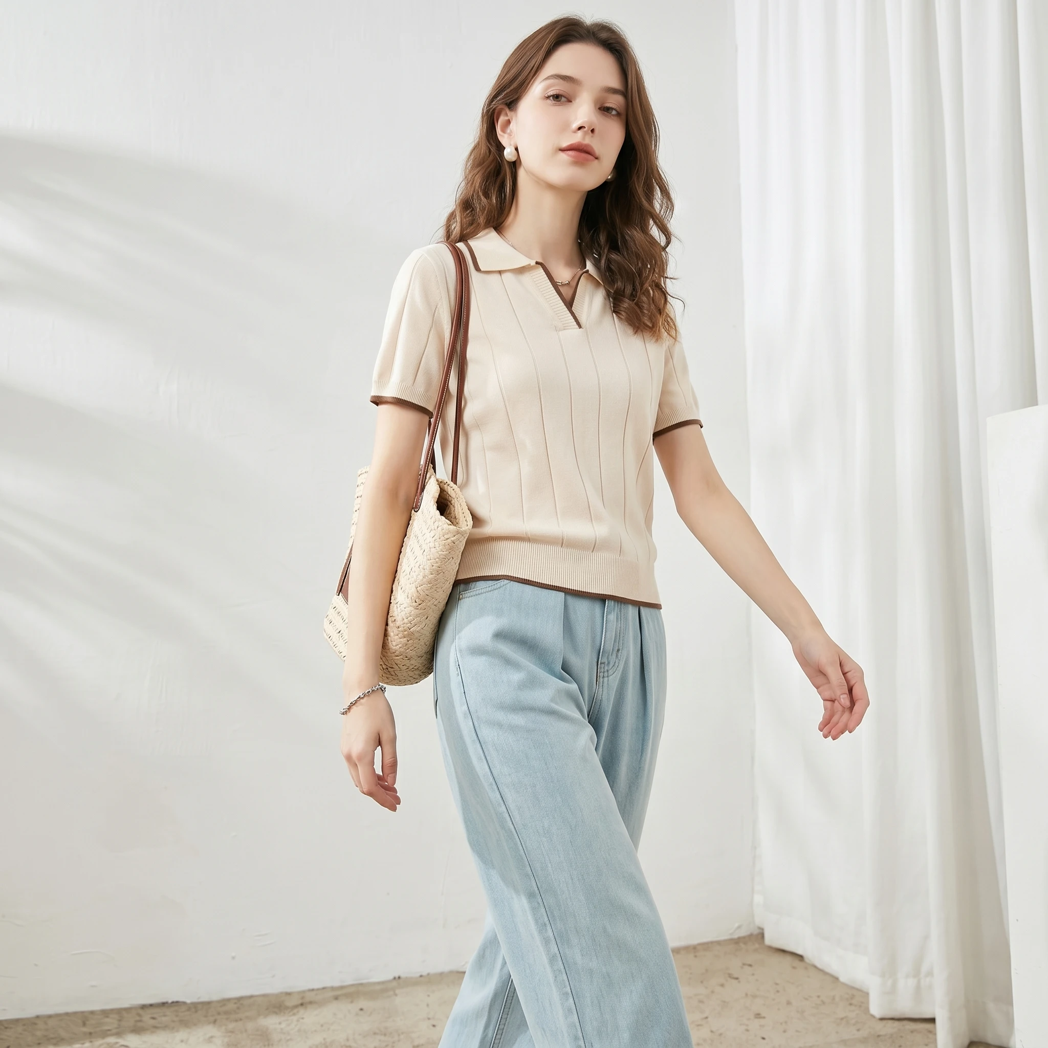 Women's Classic Cotton Knit T-Shirt with Turn-Down Collar & Short Sleeves Se42b02ad9f1e489cae4eb6b4a96f06331