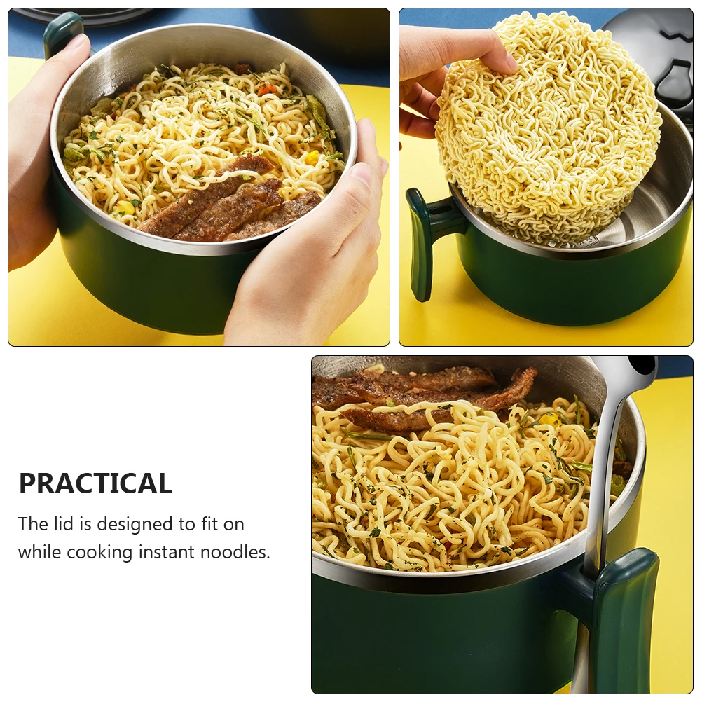 

1pc Stainless Steel Instant Noodle Bowl Ergonomic Handle Lid Soup Container Kitchen Supplies Food Serving Bowl For Home Office