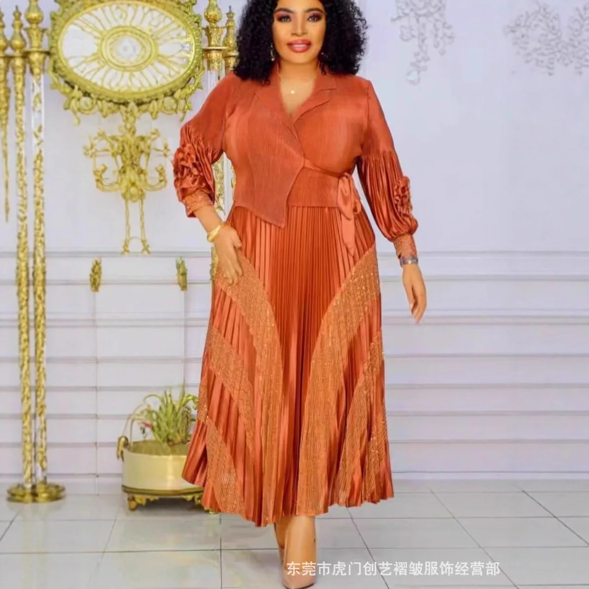 

Miyake Pleated Loose Plus Size Women's Fashionable Lantern Sleeves Sequin Elegant Dress