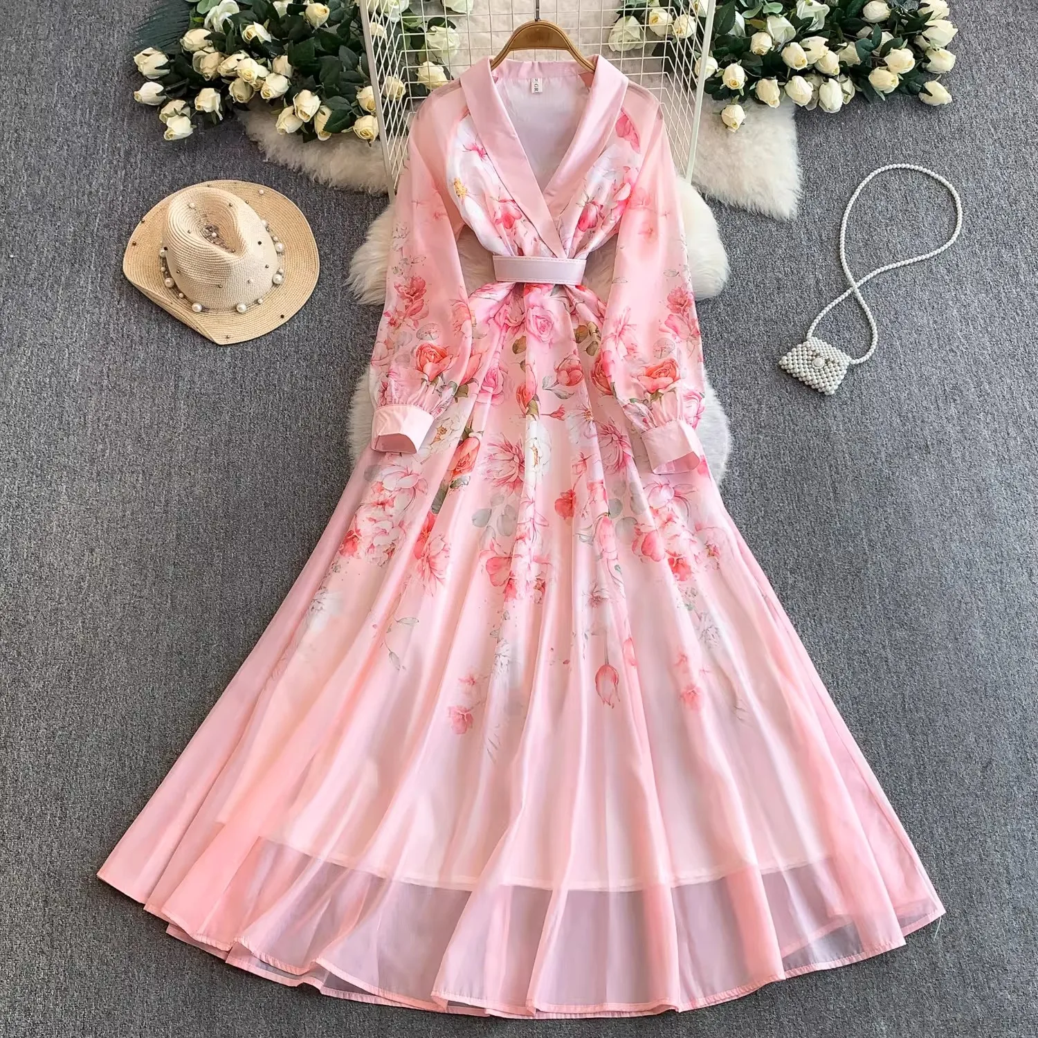 

2026 Spring Summer Runway Long Sleeve Maxi Dress Women's Notched V-Neck Floral Print Belt Lace Up A-Line Party Robes Vestidos