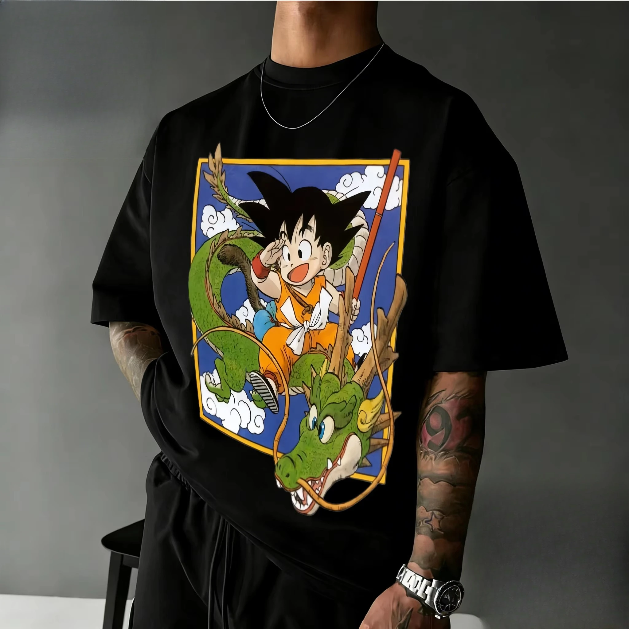 

Летняя футболка 2026 года «Драгон Болл» с Гоку и Шенроном, ностальгический ретро-принт, из чистого хлопка, повседневная, для всей семьи, мужская и женская
