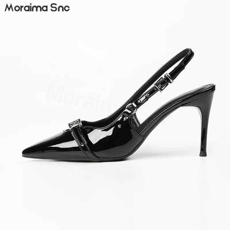 

Black Patent Leather Belt Buckle Pumps Stiletto High Heel Pointed Toe Slingback Sandals Ankle Buckle Fashion Women's Shoes