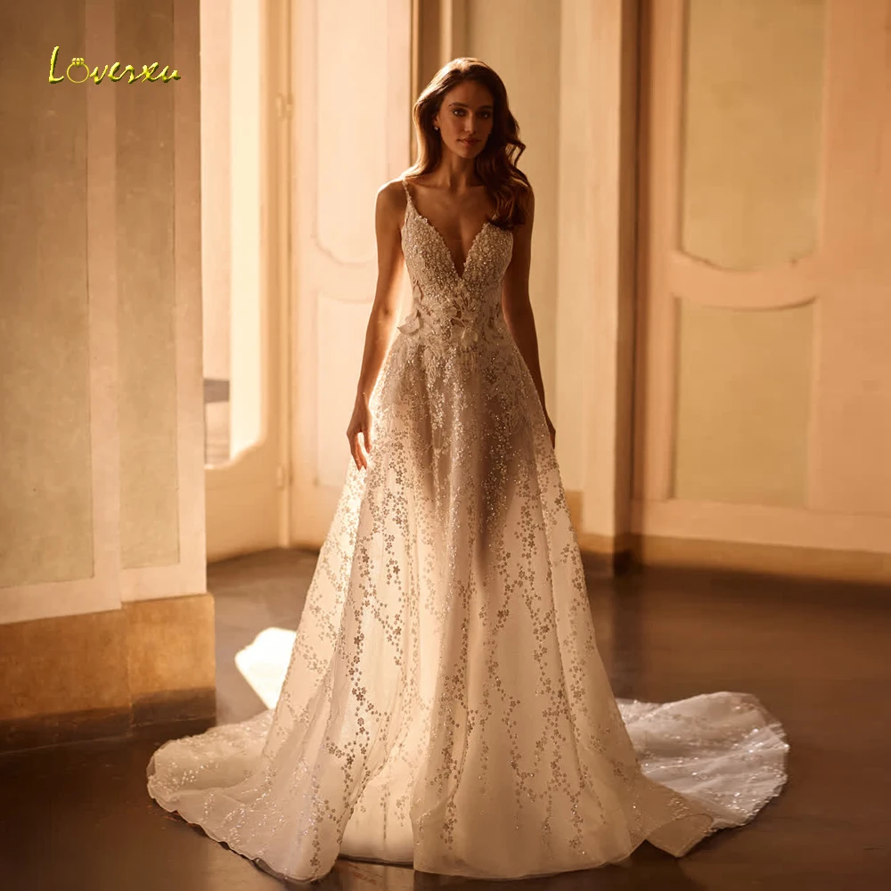 

Loverxu A-Line Delicate Wedding Dresses Spaghetti Straps Vestido De Novia Lace Embroidery Sequined Shiny Custom Made Bridal Gown