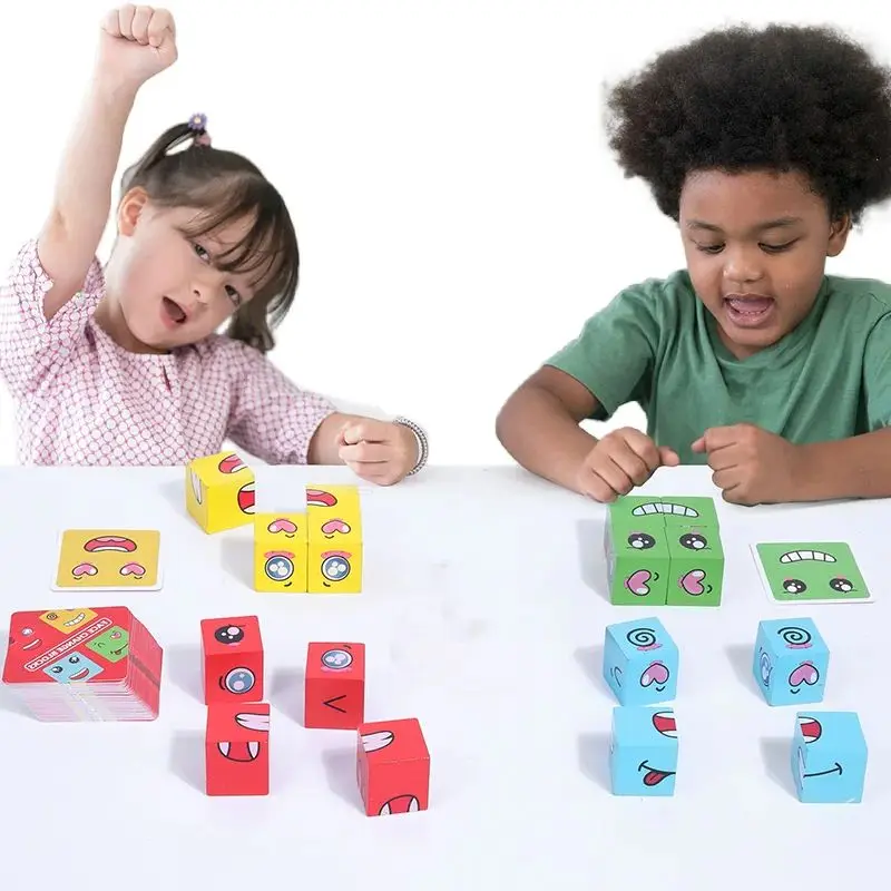 Cubo de mudança de rosto jogo de cartas de mesa montessori expressão quebra-cabeça blocos de construção brinquedos aprendizagem precoce jogo educacional brinquedo para crianças