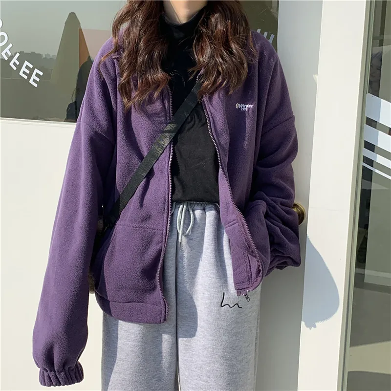 Loose Winter Fluffy Jackets Women Couples Unisex Warm Fleece All Match Outerwear Fashion Letter Embroidery Windbreaker Cozy Coat