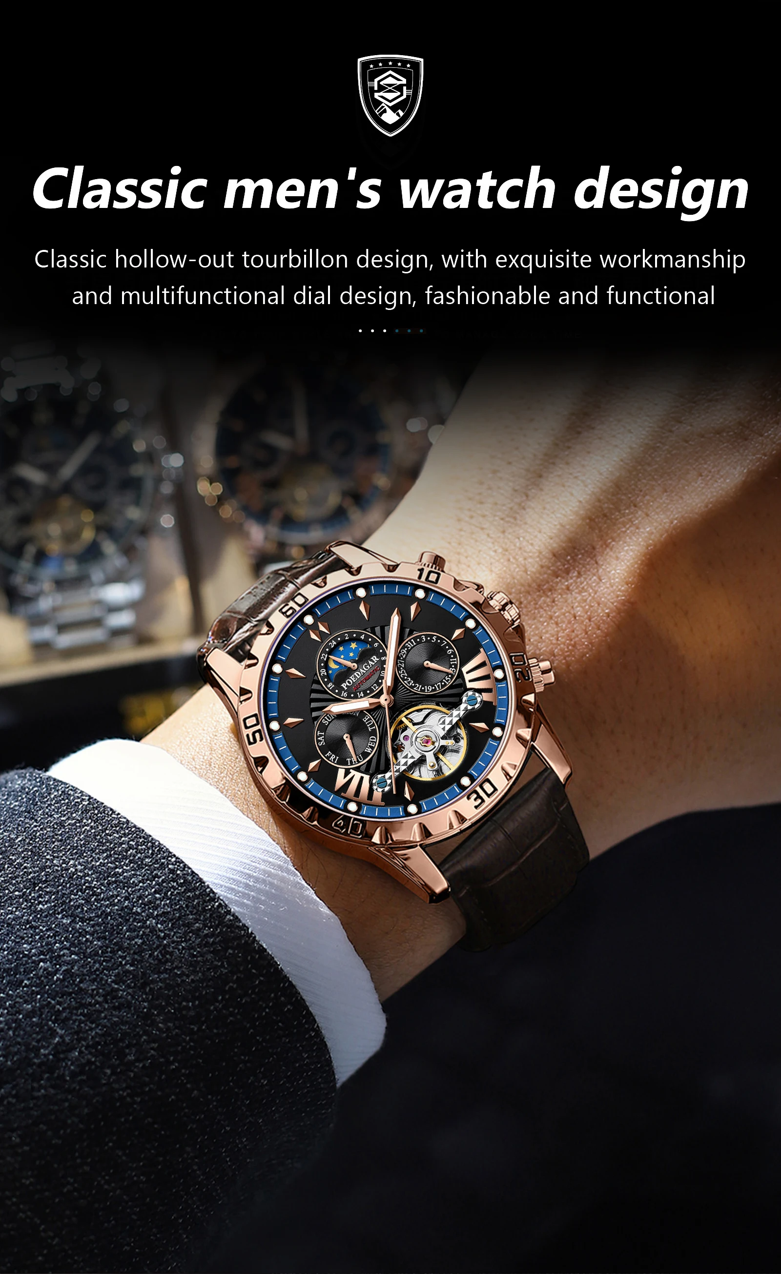POEDAGAR Luxury Automatic Mechanical Men Watch Hollow Tourbillon Waterproof Luminous Male Clock Week Date Business Men's Watches