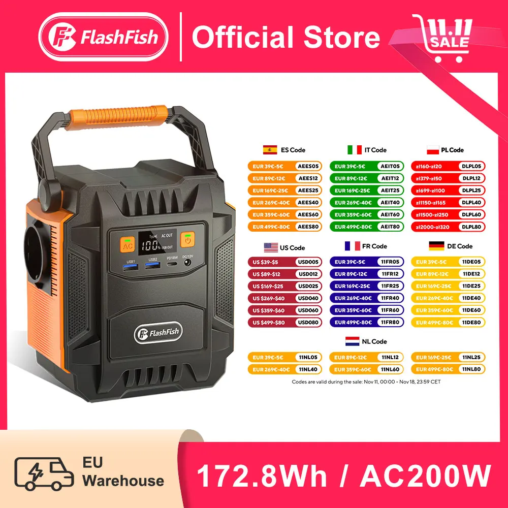 Flashfish Portable Power Station 200W 172Wh Solar Generator 48000mAh EU Socket Emergency Energy Power Supply For Outdoor Camping