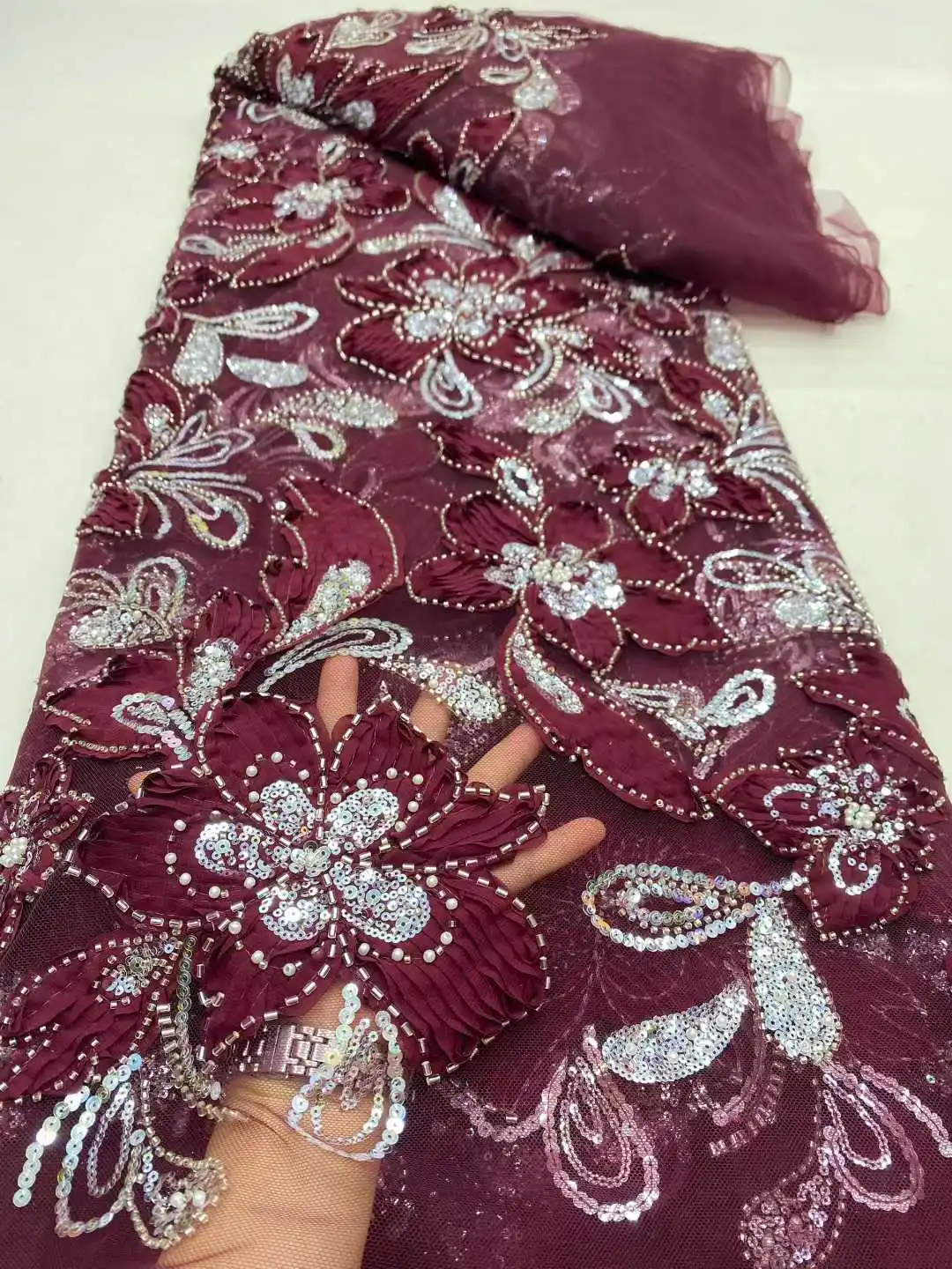 Tela de encaje de tul africano, tejido de encaje bordado con cuentas nigerianas 3d de alta calidad para vestidos de novia, superventas, 2026