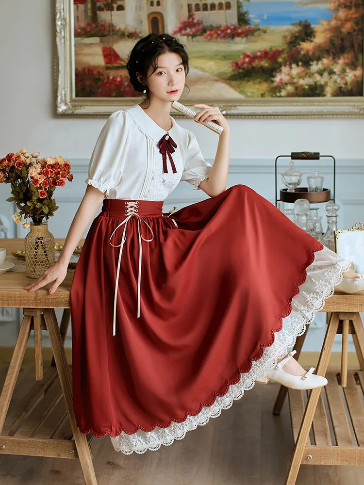 Lolita Style Two Piece Skirt Set Women Summer Peter Pan Collar Short Sleeve Bow Shirt and Lace Patchwork Long Skirts Outfits