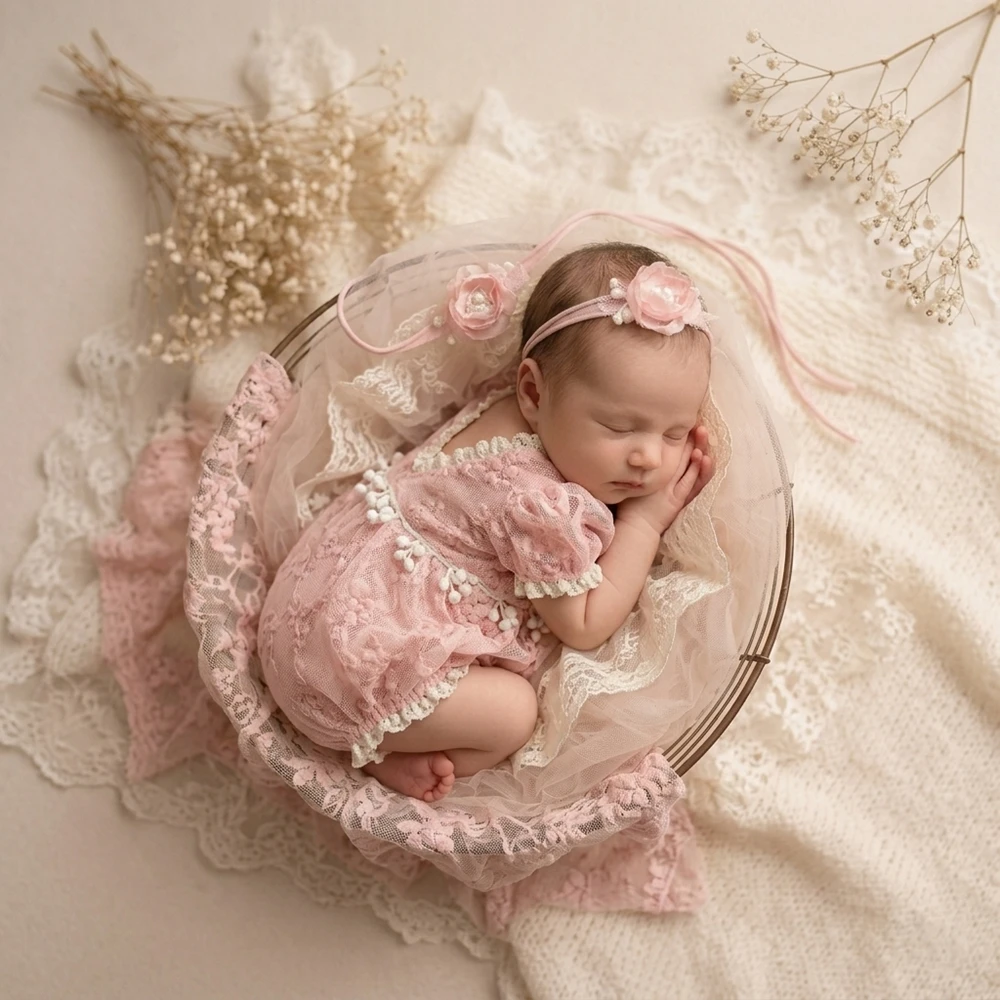 Newborn Photography Props Girl Pink Lace Romper Infant Photoshoot Outfit Vintage Princess Baby Bodysuit Studio Clothes