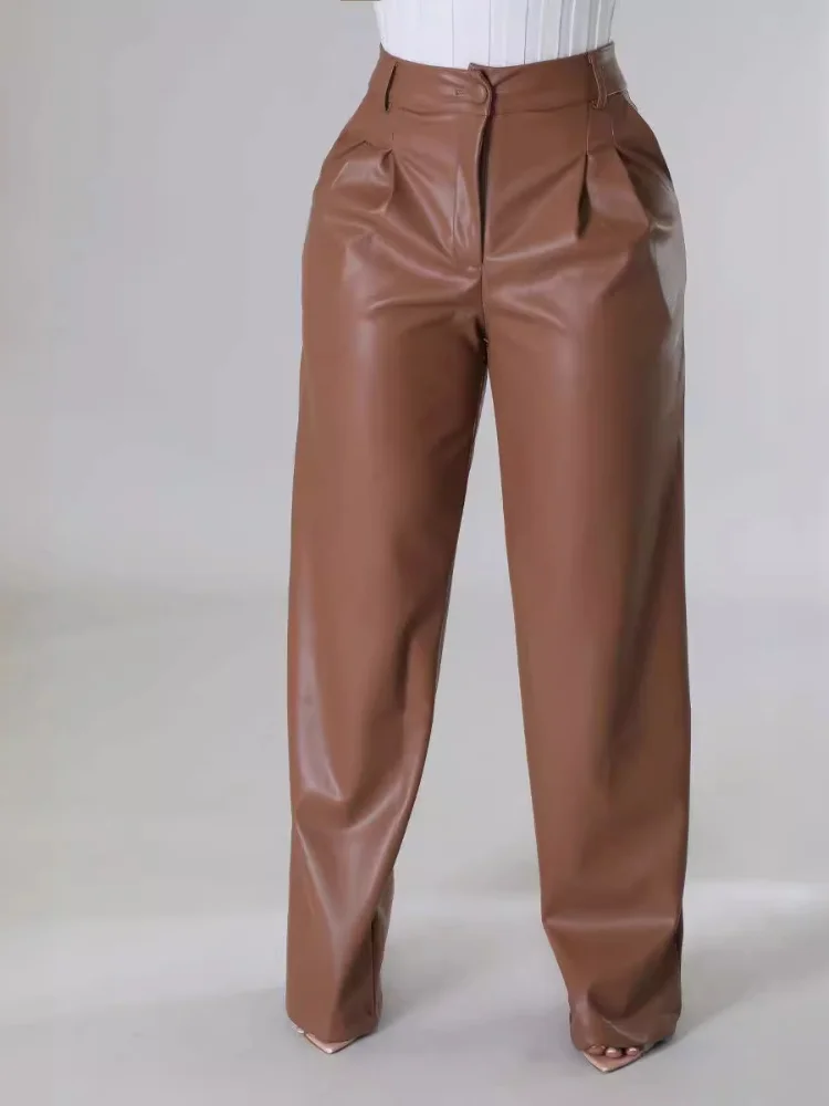 Women Pu Pant Long Pants High Waist Sexy Straight Trousers Loose Casual Regular Button Pocket Elegant Splice Capris 2024