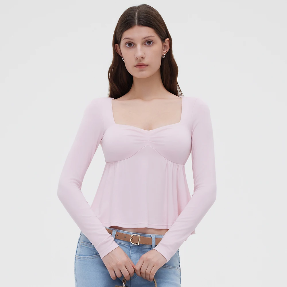 Damen Fairy Y2k Cottage T-Shirt Coquette Quadratischer Ausschnitt Langarm Babydoll Tees Herbst Frühling Vintage Kleidung Lässiger Pullover Top – Detail 11