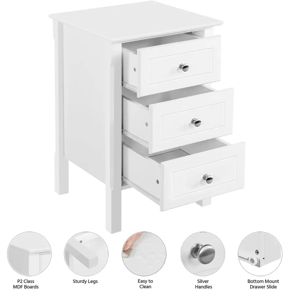 White Wooden 3-Drawer Nightstand for Bedroom, Compact Storage with Solid Wood Legs, Easy Assembly, Ideal for Home Office and Sma