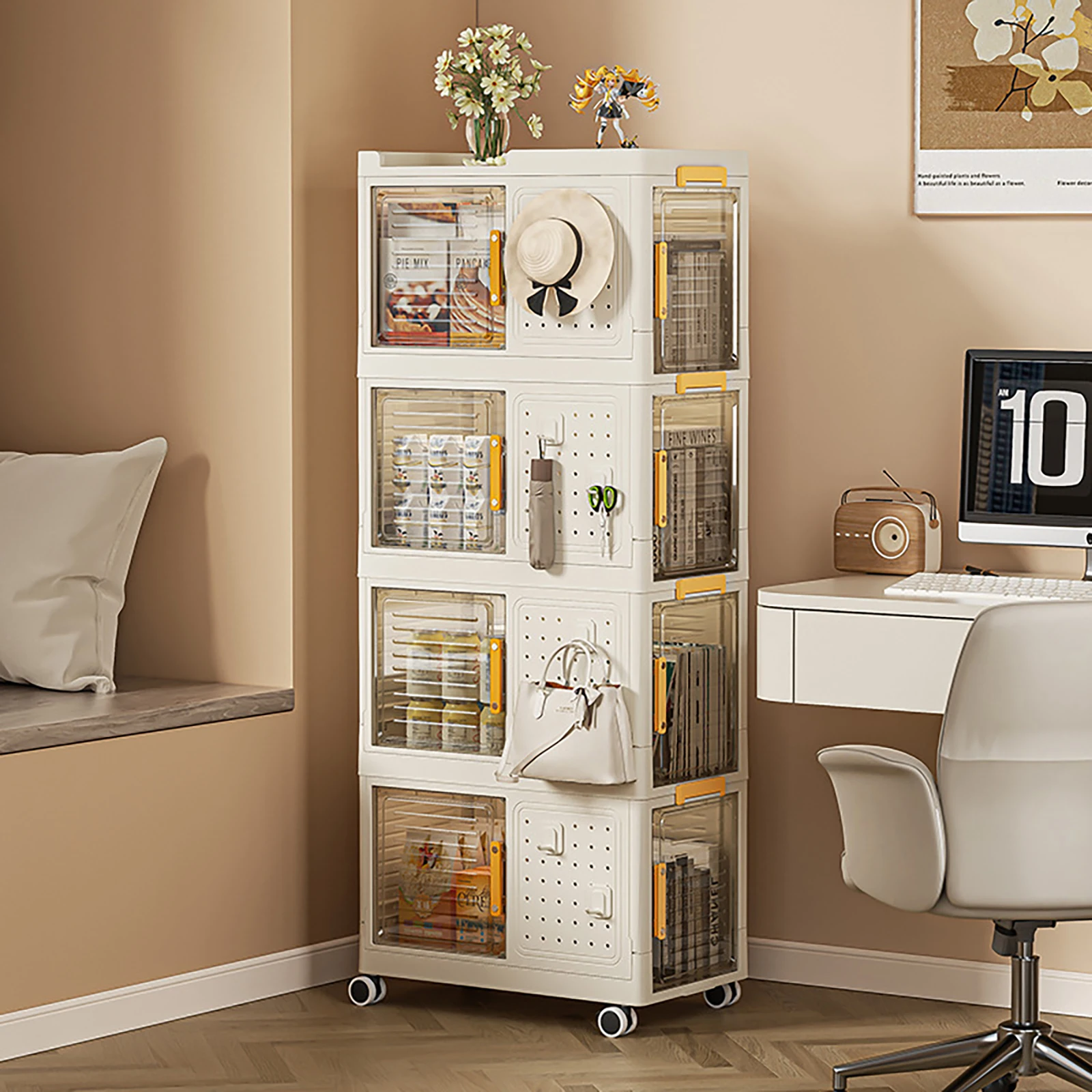 White Rectangular Modern PP Freestanding Storage Cabinet with Doors, Storage Cabinet with Wheels, Storage Cabinet