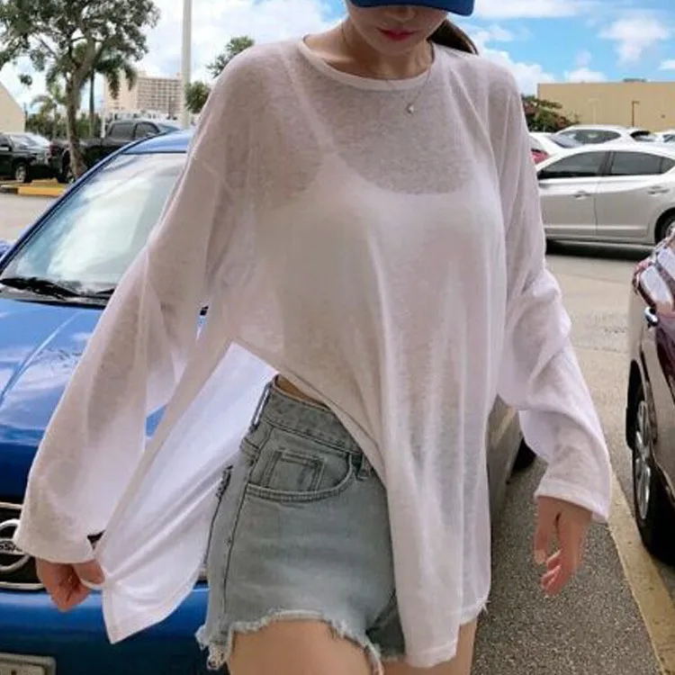 Sexy Long Sleeve Cover Up See Through Top Mesh Sheer Tunic Beach Cover-Ups Beach Dress Women Beach Wear Female Swimwear Bikini