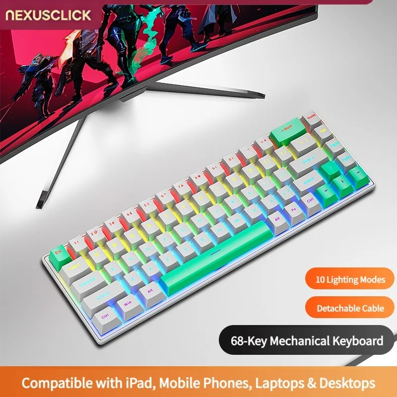 NexusClick K68 Mini Red Switch Mechanical Keyboard, Wired Type-C Ergonomic Design FN Multimedia Keys for Laptop Desktop Gaming