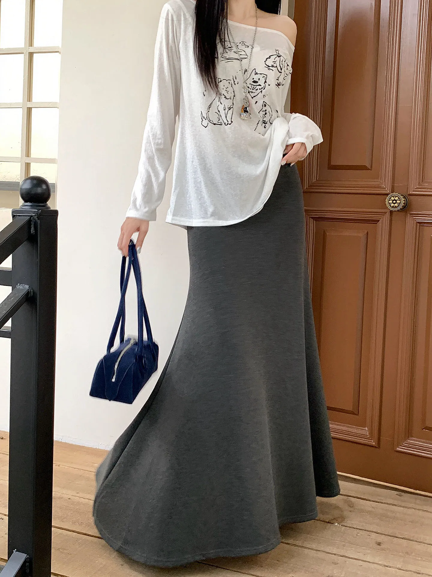 Falda trompeta de estilo coreano de alta calidad, falda larga tejida con diseño de otoño y cintura para mujer