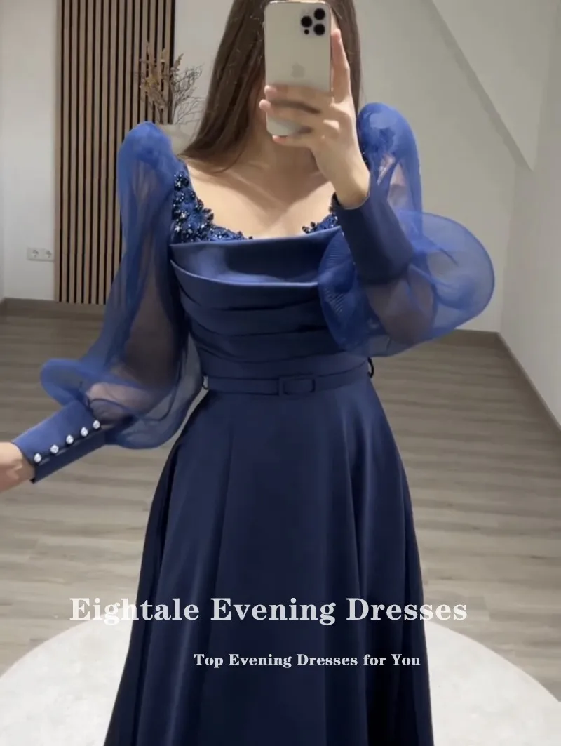 Eightale Navy Blue Prom Dresses for Wedding Satin Customized Long Sleeve Evening Gowns Appliques Beaded Arabic Party Dress