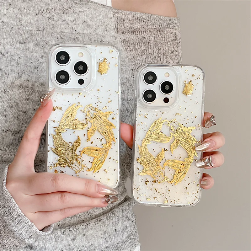 Good luck gold foil koi drip glue Phone Case For iPhone 11 12 13 14 15 16 pro max