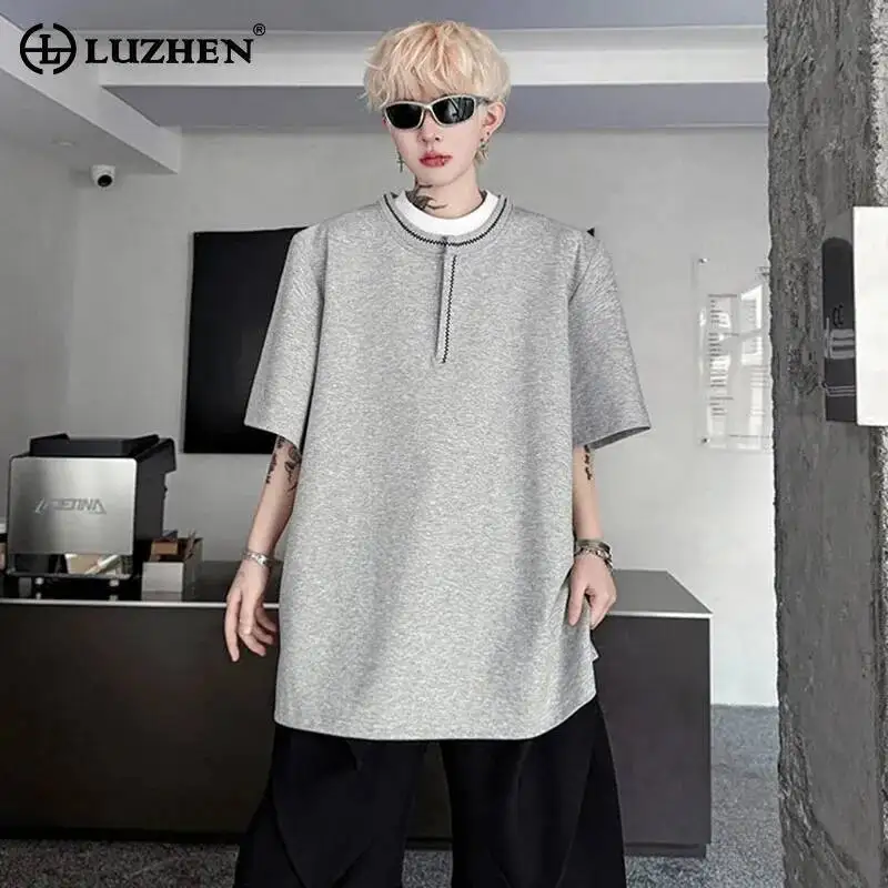 LUZHEN Shoulder Short Fashion Embroidery Line Round Pad Neck Sleeve T-shirts Men's 2025 Summer High Quality Trendy Tops JY7300