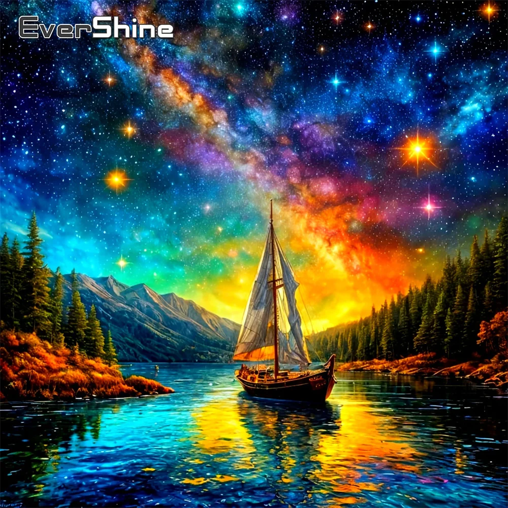 Evershine DIY Diamant Stickerei Boot Landschaft Diamant Mosaik Fluss Geeignet für Anfänger Malerei Berg Perlen Kind Geschenk