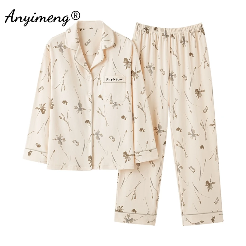 Autumn Winter Faux Cotton Sleepwear Long Sleeves Long Pants Homewear Fashion Women Pajamas Turn-down Collar Pajama for Girl