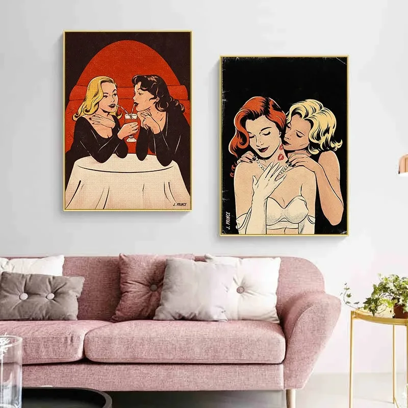 Pop Art Comic Lesbian Women Kiss Posters and Prints Canvas Painting Girl Nordic Wall Art Pictures for Living Room Home Decor
