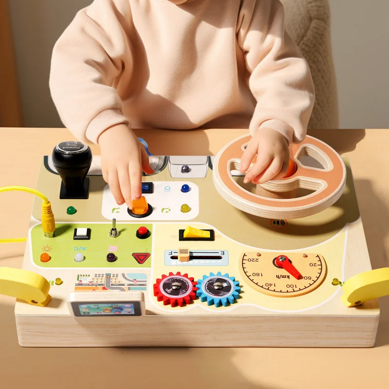 New Kids Early Education Wooden LED Light Busy Board Socket Switch children Hands-on Toys Analog Steering Wheel Circuit Boards