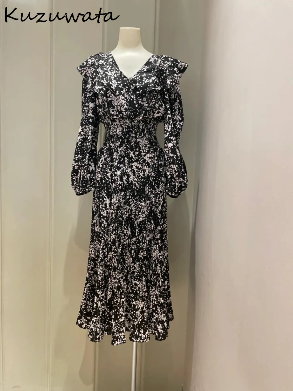 Kuzuwata Sweet Ruffled Puff Sleeve Print Ruched Dress Slim Fit Mid-length Elegant Robe Japan Early Spring New Moda Vestidos