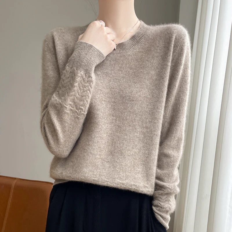 Новый универсальный вязаный свитер с волнистым подолом и круглым вырезом из 100% чистой шерсти, однотонный зимний трикотаж для поездок на работу