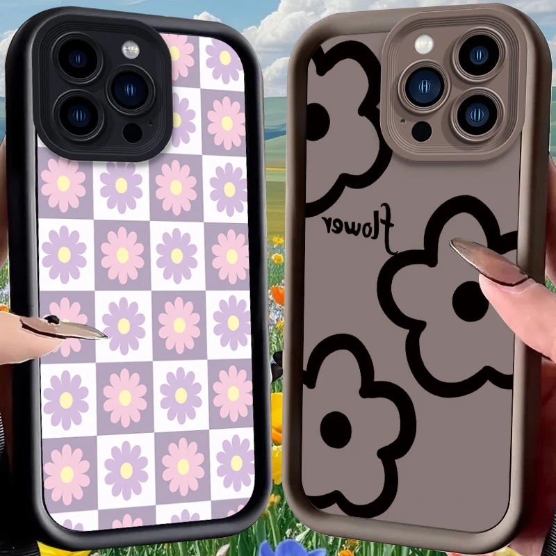 Purple Pink Checkered Flower Plain Case for iPhone 17 Air 16 E 15 14 Plus 13 12 Mini 11 Pro Max Liquid Soft Silicone Back Cover