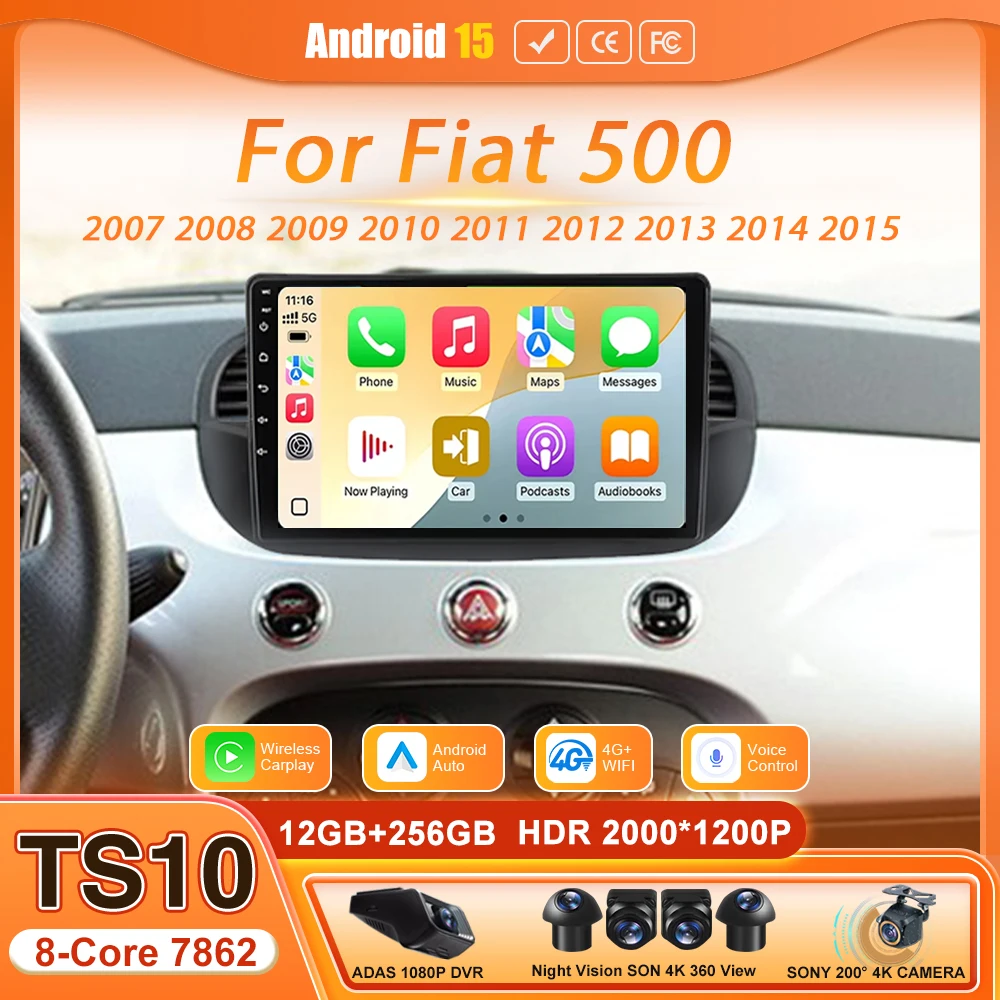 Android 15 Car Multimedia Video Player Wireles Stereo 2DIN Wifi Navigation GPS for Fiat 500 2007 - 2015 Rear View Camera Support