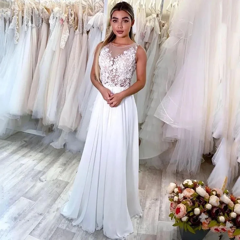 

Beach Wedding Dress 2023 Chiffon Lace Appliques Boho Bride Dress Floor Length Wedding Gown Custom Vestidos De Novia