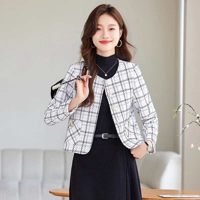 سترة صوفية قصيرة منقوشة عالية الجودة للنساء بصدر واحد للخريف والشتاء ملابس أنيقة للسيدات للمكتب باللون الأسود والأبيض #5