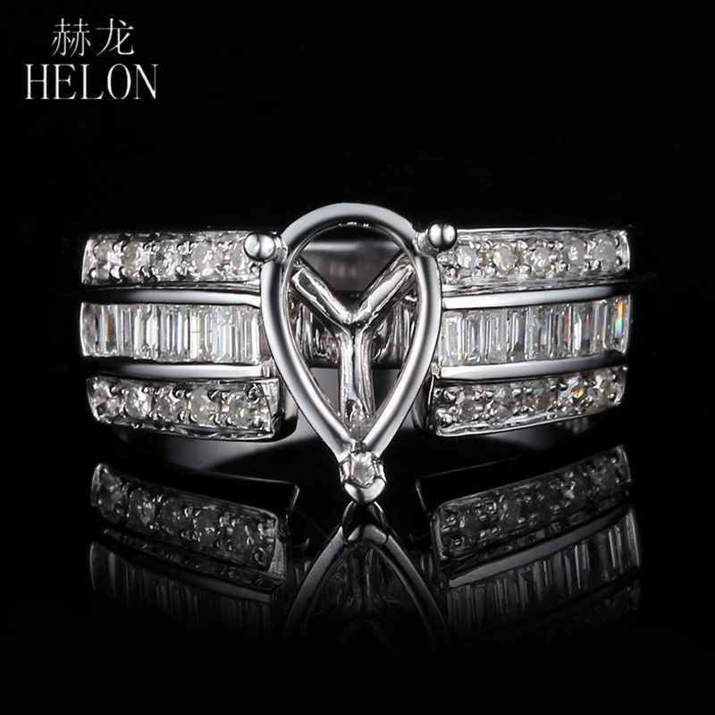 

HELON Solid 14K 10k White Gold 0.4CT Baguette & Round Cut Natural Diamond Fine Jewelry Semi Mount Engagement Ring Fit Pear 9x6mm