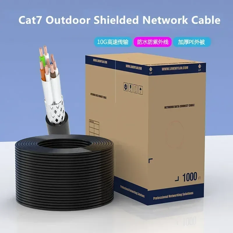 10m 50m Outdoor Cat7 Ethernet Cable RJ45 LAN Computer Network Cable 10Gbps SFTP Double-Shielded Internet Wire LSZH Supports FTTH