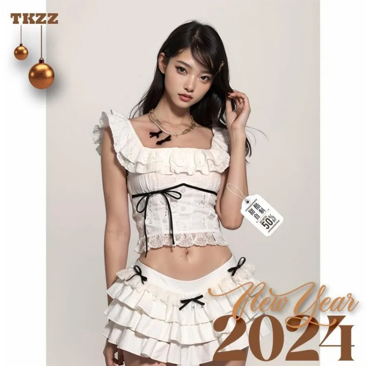 Sweet Cool Ruffles Square Collar Bow White Tops Women+ Y2k High Waist Ruched Cake Skirts 2024 Summer New Two Piece Sets