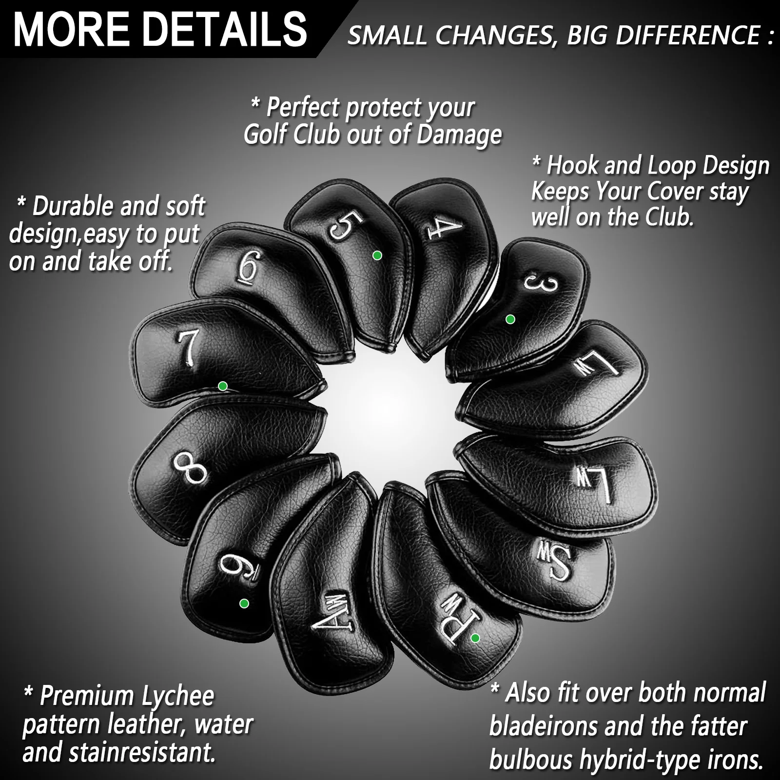 Premium Synthetic Leather Stylish Iron & Wedge Golf Head Covers Value 12 Piece Set, Embroidered Labels & Fits Most Clubs