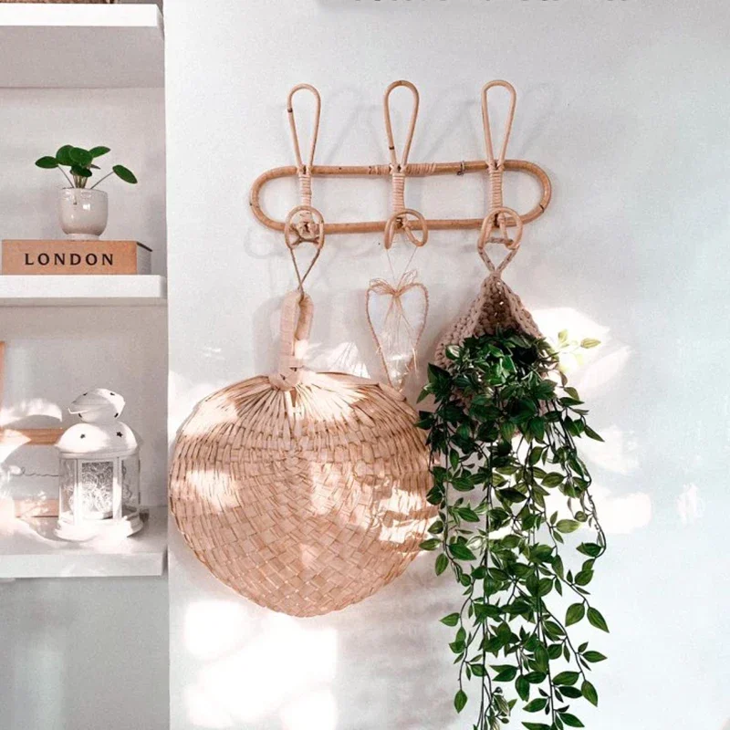 Ganchos de pared de ratán para niños, organizador de prendas de vestir, perchero para ropa, sombrero, gancho para colgar, perchas de decoración de habitación, almacenamiento de ropa