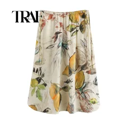 TRAF Midi Skirts For Women Summer Print High Waist Lace Up Floral Print Skirts Y2k All-Match Street Ladies Skirts