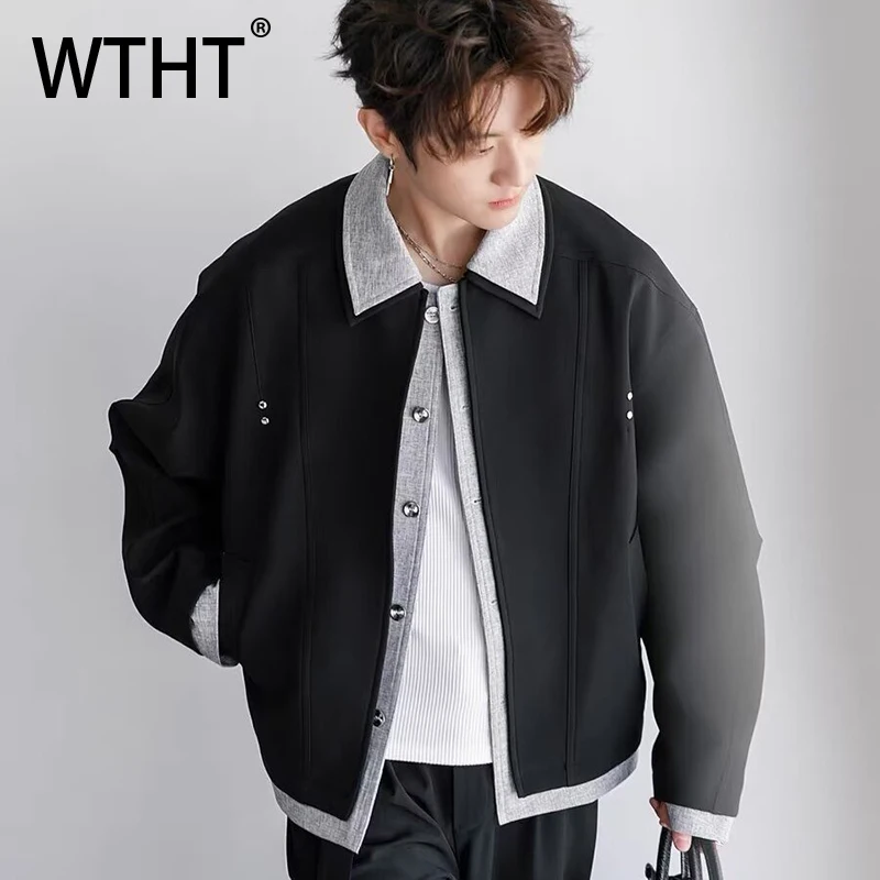 

Мужская куртка WTHT в стиле «двойка» с контрастными вставками, трендовая модель 2025 года, зимняя, с отложным воротником, однобортная, мужская, 2A2598