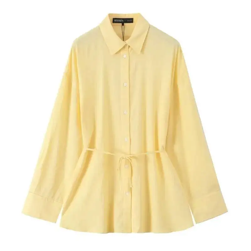 

Women Oversize Shirt With Belt Spring Casual Linen Blend Long Sleeve Simple Female Women's Button Shirts & Blouse