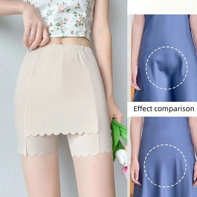 Ice Silk Double Layer Safety Pants Covering Triangle Area Summer Thin Style Traceless Underpants Lace Safety Pants Full Pants