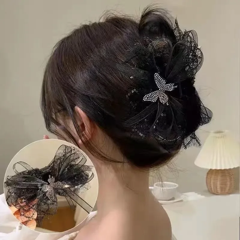 

Elegant Party Hair Accessories Korean Style Women's Black Mesh Butterfly Hair Claw Exquisite Curling Hairpin New Headdress