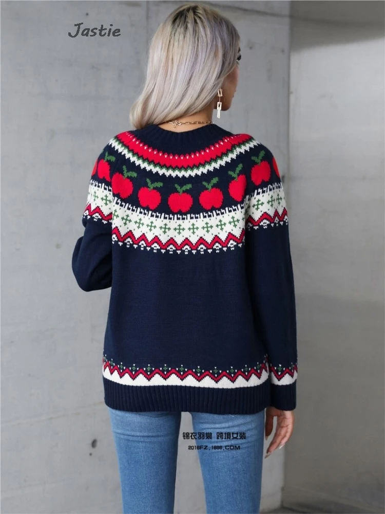 Apple And Geometric Pattern Jacquard Christmas Sweater Fashion Casual Round Neck Knitting Tops Female 2025 New